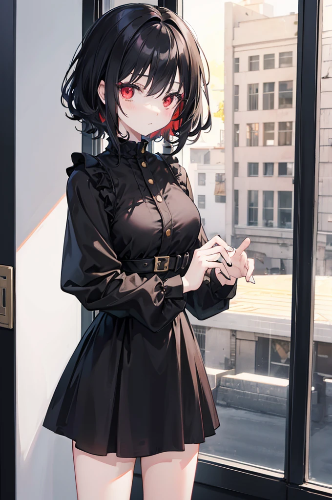 There a anime girl wearing a knee-length dress black colour with a black snake wrapped around her fingers,has a gold hair colour and red eyes colour, looking out the window and has a short curly hair