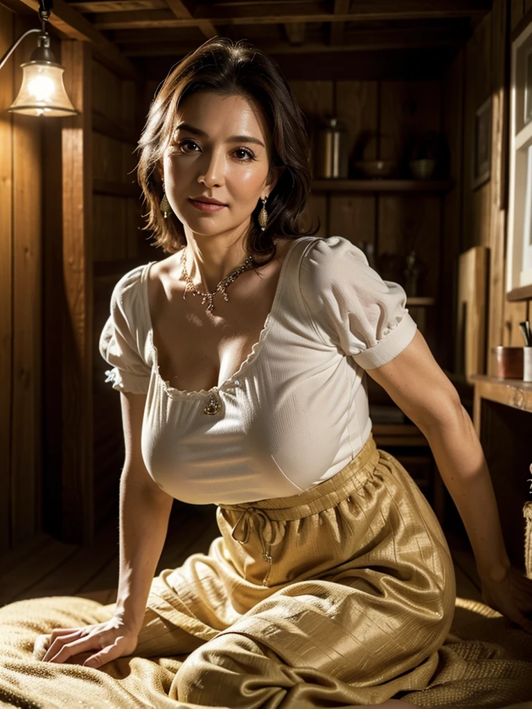 (masterpiece:1.4), 4K, photo realistic, extremely detailed, (Beautiful 62 year old woman:1.5),(Facial wrinkles : 1.2),(traditional dirndl : 1.2), (plump body : 1), white skin, pores, skin blemishes, dull skin, gentle smile, wavy hair, large saggy breasts, (hanging breasts), limp breasts, soft breasts, flabby breasts, flexible breasts, (focus on her breasts), necklace, earrings, in a shed, soothing, calm, detailed backgrounds, night time, lamp is the only light-source