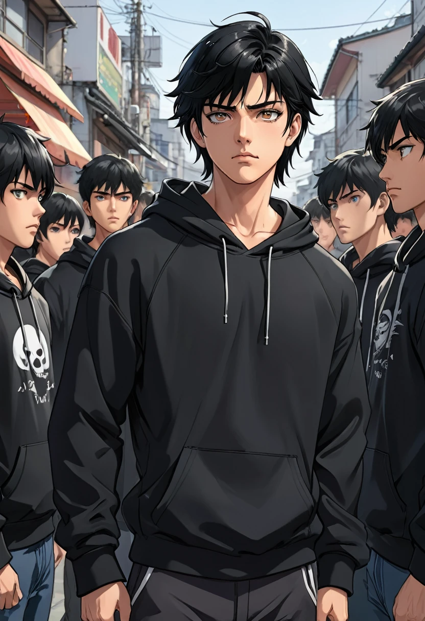 A boy, handsome, perfect body, black hair, short hair, mullet, black eyes, upturned eyes, expressionless, black hoodies, anime, first-person view, masterpiece, anatomically correct, high details, highres, best quality, super detail