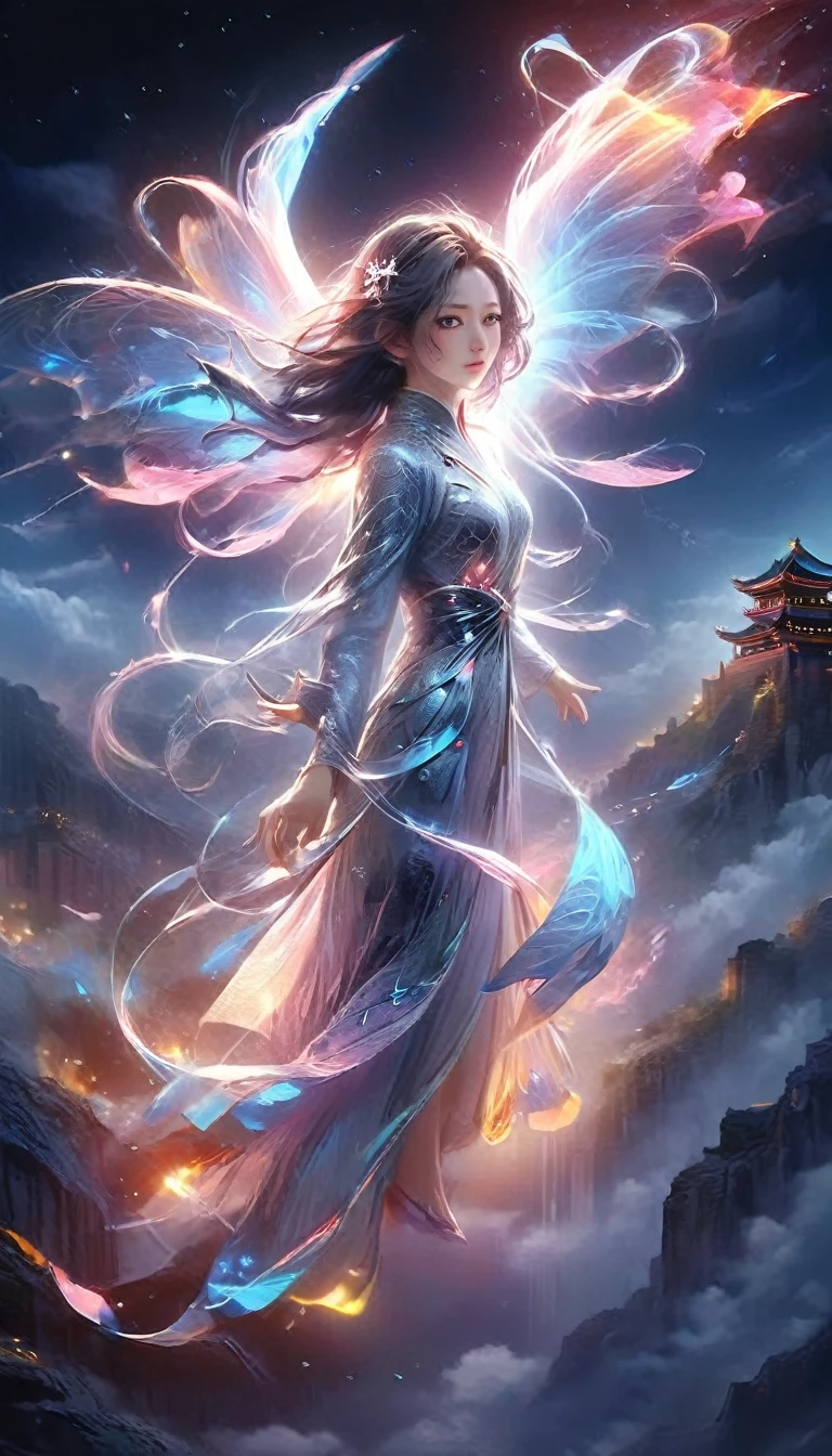 (Magical girl:1.8)，1 female，（Violet Dress），flowing tulle，Beautiful and elegant woman，Ride the majestic Phoenix，Soar into the clouds。The wind gently lifts her robe，Move gracefully through a fantastical cloudscape，The sense of fLight is highLighted，((Surrounded by clouds)),A Song of Ice and Fire，Official Art，Very detailed，masterpiece，Highest quality，（Very detailed的CG统一8K壁纸），（Highest quality），（Best illustrations），（Best Shadow），Very detailed的图片，All text，Photorealism，Surrealism，young woman，Oval Face，（Delicate fingers），Captivating eyes，Small Mouth，Long flowing black hair，Crown of thorns，（8K， original， Professional， Highest quality， masterpiece：1.2）， （Realistically，Realistically：1.37）， Super detailed， （Portraiture）， （Skin detail：1.2）， （The most detailed face：1.2）， Light，((Oriental Palace))，(((Ancient Forbidden City)))，(The majestic Great Wall)，Magic oriental taoist elements，Magical Bagua pattern，Tai Chi Yin Yang Fish Totem，((Taoist Tai Chi Yin Yang Eight Trigrams;1.2)),((Magnificent palace)),The palace is decorated with frozen ice, Add visual drama to a scene. Capturing a great mix of girly dance and wildness, Flying Ice Flowers, Evoke a sense of power, vitality, 以及大自然original能量的美丽.Subtle character art in poetry，Amazing character art，Fan Chi，Wu Jun Shifan，Glowing Elf，宫殿theme的华丽元素。Mysterious City，Beautiful village，Surrounded by flowers，地被fire Fly包围，（"town" theme），（leaf），（branch），（fire Fly），（Particle Effects）Other 3D， Octane Rendering，Ray Tracing，Very detailedな