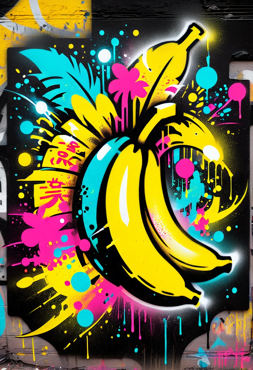 Create a sticker illustration of a banana inspired by the video game Cyberpunk 2077 with a 2D graffiti effect. The sticker should have no background, with only the banana shape and a prominent white outline around the edges. All design elements must be contained within the shape of the banana, and none should extend beyond its edges. The peel of the banana should not be yellow but instead be replaced by the following Cyberpunk 2077 elements, all depicted in a graffiti style: - A deep matte black base for the peel, symbolizing the dark streets of Night City. - Blue neon circuit lines running across the banana’s surface, resembling cybernetic implants, with a spray-paint texture. - The "Samurai" logo near the tip of the banana, designed in a graffiti font and style. - Stickers of in-game brands like Arasaka and Militech, and gang symbols like "The Moxes", all depicted with a street art aesthetic. - Modernized tribal tattoo motifs and hacking icons in red and green neon, rendered with a graffiti effect. - Sections with light effects mimicking the neon lights of Night City, with a pulsating spray-paint effect around the circuits. - A small, metallic chrome-plated label near the base with the inscription "Cyber Choice" in a graffiti font. Ensure the design is vibrant, edgy, and high-tech, with the stylized interior capturing the futuristic and dystopian ambiance of Cyberpunk 2077, all within the iconic shape of a banana. All elements must be contained within the banana and not extend beyond its edges.