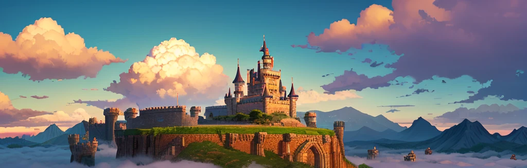 Pixel art、Western-style castle、Towering above the clouds、sky