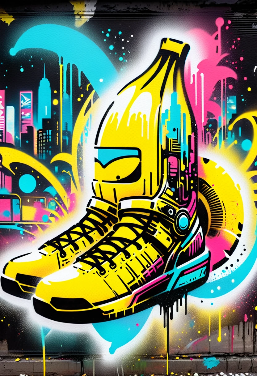 Create a sticker illustration of a banana inspired by the video game Cyberpunk 2077 with a 2D graffiti effect. The sticker should have no background, with only the banana shape and a prominent white outline around the edges. All design elements must be contained within the shape of the banana, and none should extend beyond its edges. The peel of the banana should not be yellow but instead be replaced by the following Cyberpunk 2077 elements, all depicted in a graffiti style: - A deep matte black base for the peel, symbolizing the dark streets of Night City. - Blue neon circuit lines running across the banana’s surface, resembling cybernetic implants, with a spray-paint texture. - The "Samurai" logo near the tip of the banana, designed in a graffiti font and style. - Stickers of in-game brands like Arasaka and Militech, and gang symbols like "The Moxes", all depicted with a street art aesthetic. - Modernized tribal tattoo motifs and hacking icons in red and green neon, rendered with a graffiti effect. - Sections with light effects mimicking the neon lights of Night City, with a pulsating spray-paint effect around the circuits. - A small, metallic chrome-plated label near the base with the inscription "Cyber Choice" in a graffiti font. Ensure the design is vibrant, edgy, and high-tech, with the stylized interior capturing the futuristic and dystopian ambiance of Cyberpunk 2077, all within the iconic shape of a banana. All elements must be contained within the banana and not extend beyond its edges.