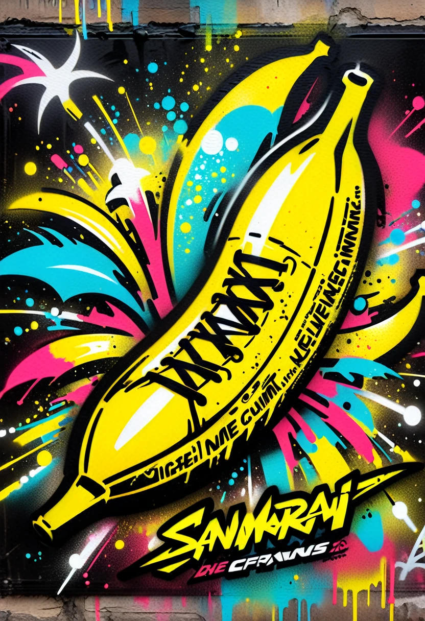 Create a sticker illustration of a banana inspired by the video game Cyberpunk 2077 with a 2D graffiti effect. The sticker should have no background, with only the banana shape and a prominent white outline around the edges. All design elements must be contained within the shape of the banana, and none should extend beyond its edges. The peel of the banana should not be yellow but instead be replaced by the following Cyberpunk 2077 elements, all depicted in a graffiti style: - A deep matte black base for the peel, symbolizing the dark streets of Night City. - Blue neon circuit lines running across the banana’s surface, resembling cybernetic implants, with a spray-paint texture. - The "Samurai" logo near the tip of the banana, designed in a graffiti font and style. - Stickers of in-game brands like Arasaka and Militech, and gang symbols like "The Moxes", all depicted with a street art aesthetic. - Modernized tribal tattoo motifs and hacking icons in red and green neon, rendered with a graffiti effect. - Sections with light effects mimicking the neon lights of Night City, with a pulsating spray-paint effect around the circuits. - A small, metallic chrome-plated label near the base with the inscription "Cyber Choice" in a graffiti font. Ensure the design is vibrant, edgy, and high-tech, with the stylized interior capturing the futuristic and dystopian ambiance of Cyberpunk 2077, all within the iconic shape of a banana. All elements must be contained within the banana and not extend beyond its edges.
