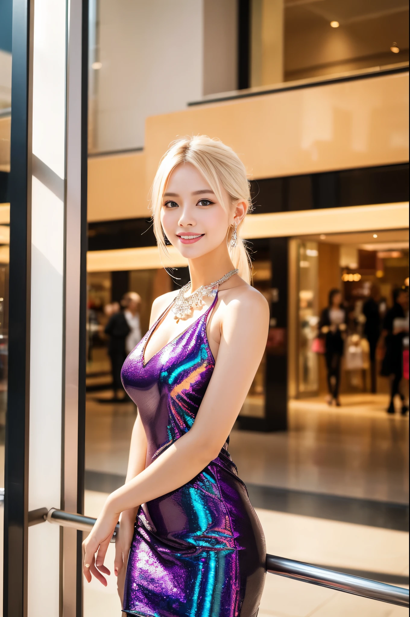 (best quality, 4k ,8k, highres, masterpiece:1.2), ultra-detailed, (realistic, photorealistic, photo-realistic:1.37), closeup, beautiful Thai woman, beautiful smile, beautiful makeup, platinum blonde hair, fair skin, slender figure, elegant posture, wearing large sparkling colorful jewelery, wearing a business style leather dress, standing in a large shopping mall, gentle sunlight shining through the shopping mall windows, casting a soft glow on her face, adding warmth to the scene, vibrant colors, capturing the essence of vibrant city life, portrait style, showcasing her natural beauty and grace in a feminine way