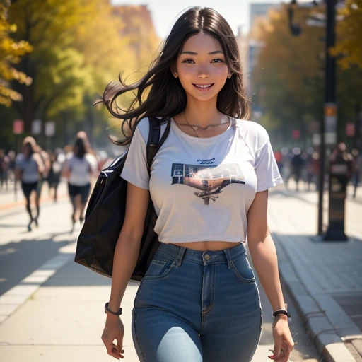 ((Best Picture Quality)), ((Masterpiece)), (Details), Female in her 20s, happy expression, walking, on campus, model-like woman, face well-defined (score_9, score_8_up, score_7_up, score_6_up, score_5_up, score_4_up, High resolution, 4 K)