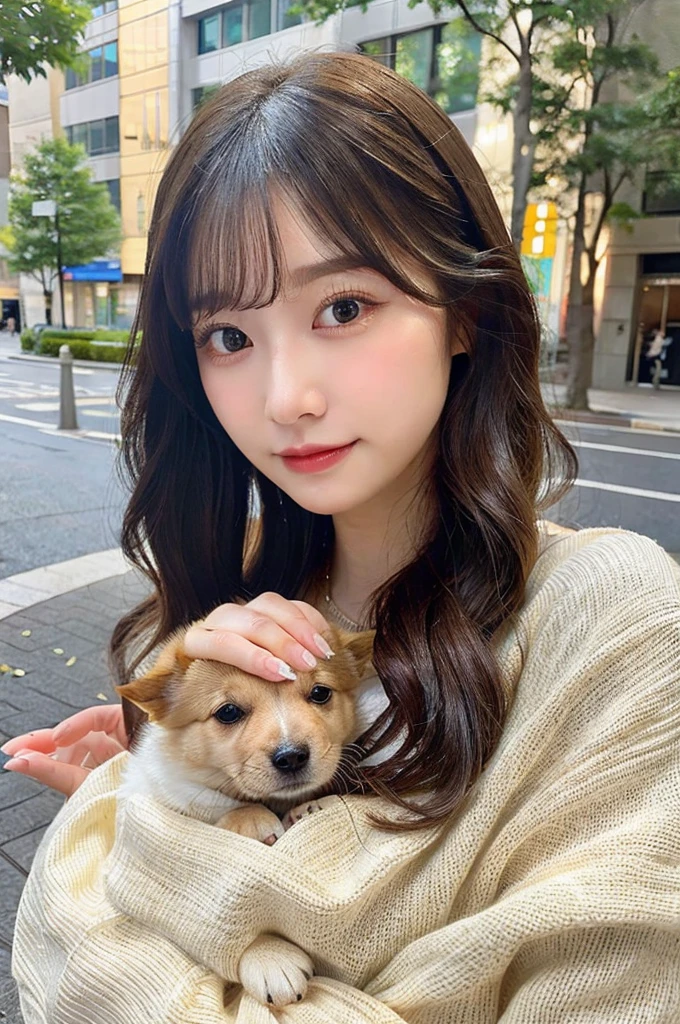 high-level image quality, 1 female college student, ((Holding a puppy)), Wavy Hair, ((Detailed face:1.2)), pale skin, (cold color), moist, reflector stay piece, (perfectly proportions), (photos realistic), (Best Quality), photographed in a Canon EOS R5, 50mm Lens, (8K), very long upper eyelashes, very long lower eyelashes, Detailed lashes, Curled eyelashes, Natural eyes, very beautiful eyelashes