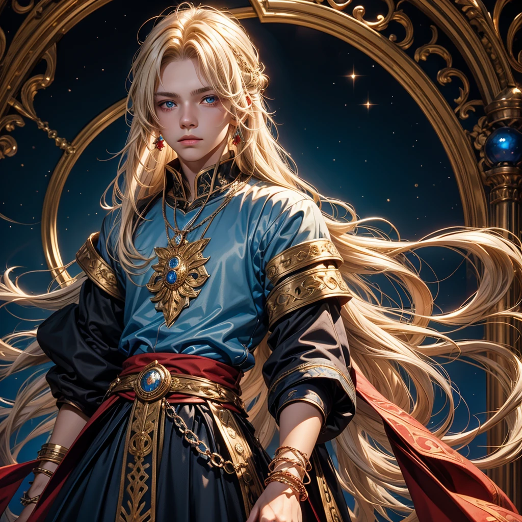 Create me a 17 year old male teenager,  slightly long blonde hair with some white strands , golden eyes, a necklace with a blue stone and some details,  a black medieval outfit and some bracelet of many colors , a red cloth wrapped around the waist and a serene and friendly face that gives off an aura of someone good.