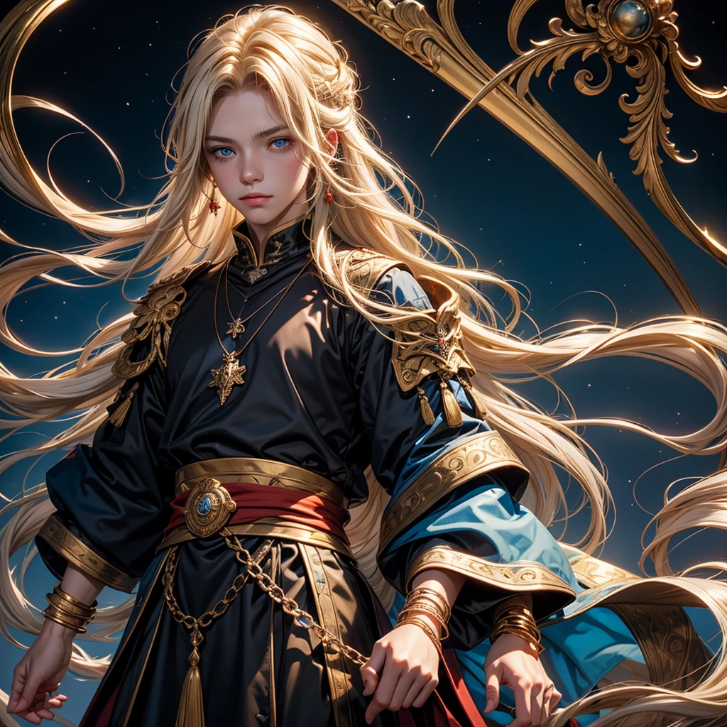 Create me a 17 year old male teenager,  slightly long blonde hair with some white strands , golden eyes, a necklace with a blue stone and some details,  a black medieval outfit and some bracelet of many colors , a red cloth wrapped around the waist and a serene and friendly face that gives off an aura of someone good.