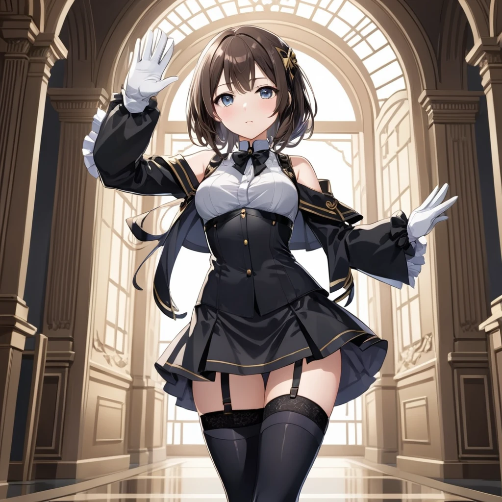 1girl,solo,full body,anime,waving,open hands,a beautiful girl,standing,looking at viewer,,black thighhighs,elegant,close to viewer,beautiful face and eyes,ultra detailed,