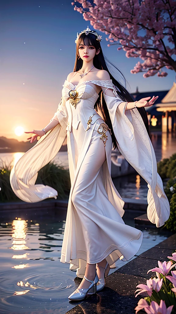 Starry night,tall and beautiful girl, white gown, swans, flowers in hand, Wearing jewellery, Middle of lake,colorless crystal made shoes,rings,bracelet,white hair, fair white skin, detailed art, 3d,8k;high resolution, High quality, photography, Character, model,clothes from up to down, ancient dancing pose,1080p photo quality,symmetrical face,moonlight,animated power of golden light, aura, coming out of body magical powers