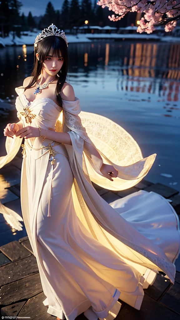 Starry night,tall and beautiful girl, white gown, swans, flowers in hand, Wearing jewellery, Middle of lake,colorless crystal made shoes,rings,bracelet,white hair, fair white skin, detailed art, 3d,8k;high resolution, High quality, photography, Character, model,clothes from up to down, ancient dancing pose,1080p photo quality,symmetrical face,moonlight,animated power of golden light, aura, coming out of body magical powers