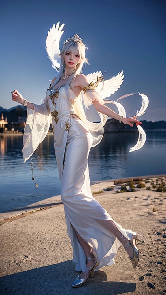 Starry night,tall and beautiful girl, white gown, swans, flowers in hand, Wearing jewellery, Middle of lake,colorless crystal made shoes,rings,bracelet,white hair, fair white skin, detailed art, 3d,8k;high resolution, High quality, photography, Character, model,clothes from up to down, ancient dancing pose,1080p photo quality,symmetrical face,moonlight,animated power of golden light, aura, coming out of body magical powers