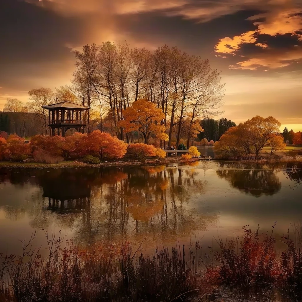 Trees reflected in the lake，There is also a pavilion by the lake, beautiful reflexions, The beauty of natural landscape, Autumn Tranquility, Beautiful nature, beautiful reflexions, Warm and beautiful scene, Immerse yourself in nature, natural scenery, beautiful place, Very beautiful photos, autumn sunset, Golden Autumn, in autumn, Striking autumn landscape, really Beautiful nature, Stunning scenery