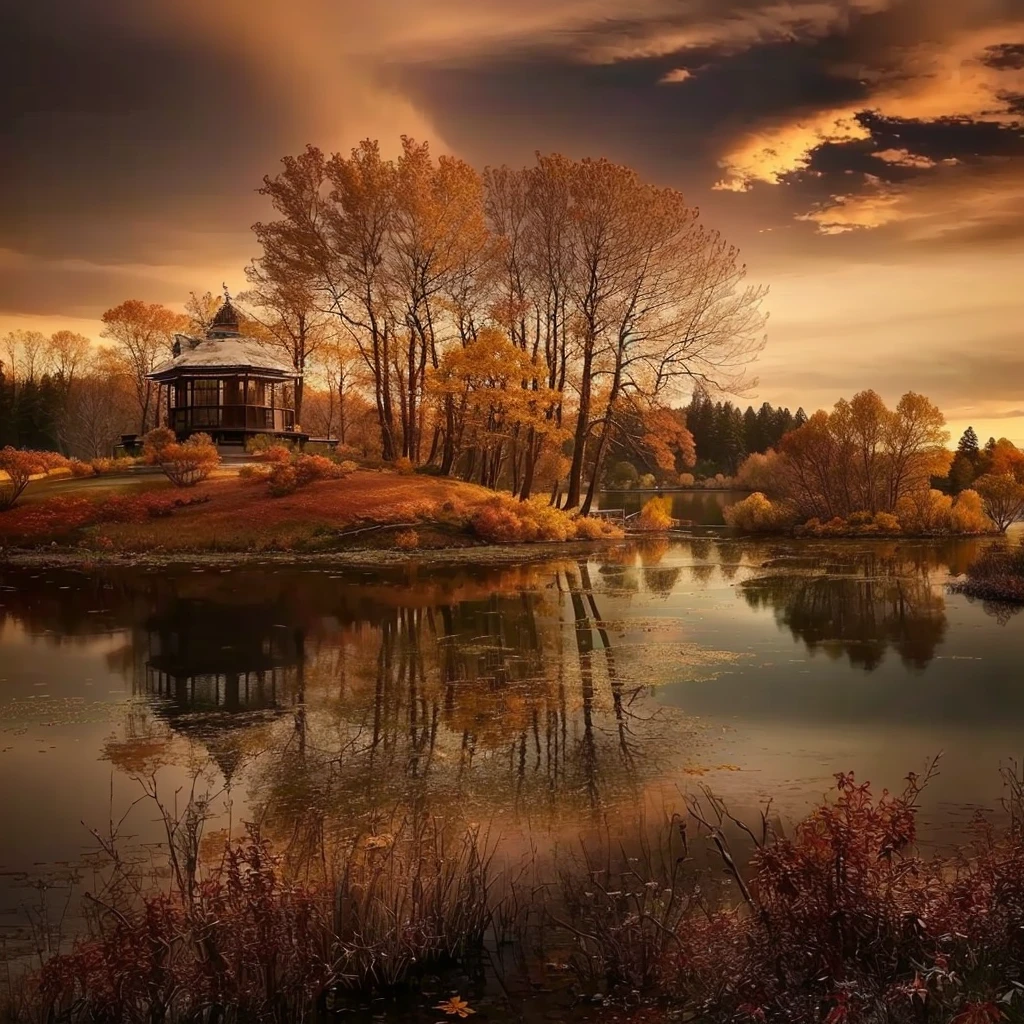 Trees reflected in the lake,There is also a pavilion by the lake, beautiful reflexions, The beauty of natural landscape, Autumn Tranquility, Beautiful nature, beautiful reflexions, Warm and beautiful scene, Immerse yourself in nature, natural scenery, beautiful place, Very beautiful photos, autumn sunset, Golden Autumn, in autumn, Striking autumn landscape, really Beautiful nature, Stunning scenery