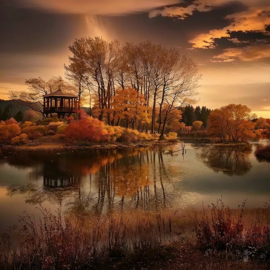 Trees reflected in the lake，There is also a pavilion by the lake, beautiful reflexions, The beauty of natural landscape, Autumn Tranquility, Beautiful nature, beautiful reflexions, Warm and beautiful scene, Immerse yourself in nature, natural scenery, beautiful place, Very beautiful photos, autumn sunset, Golden Autumn, in autumn, Striking autumn landscape, really Beautiful nature, Stunning scenery