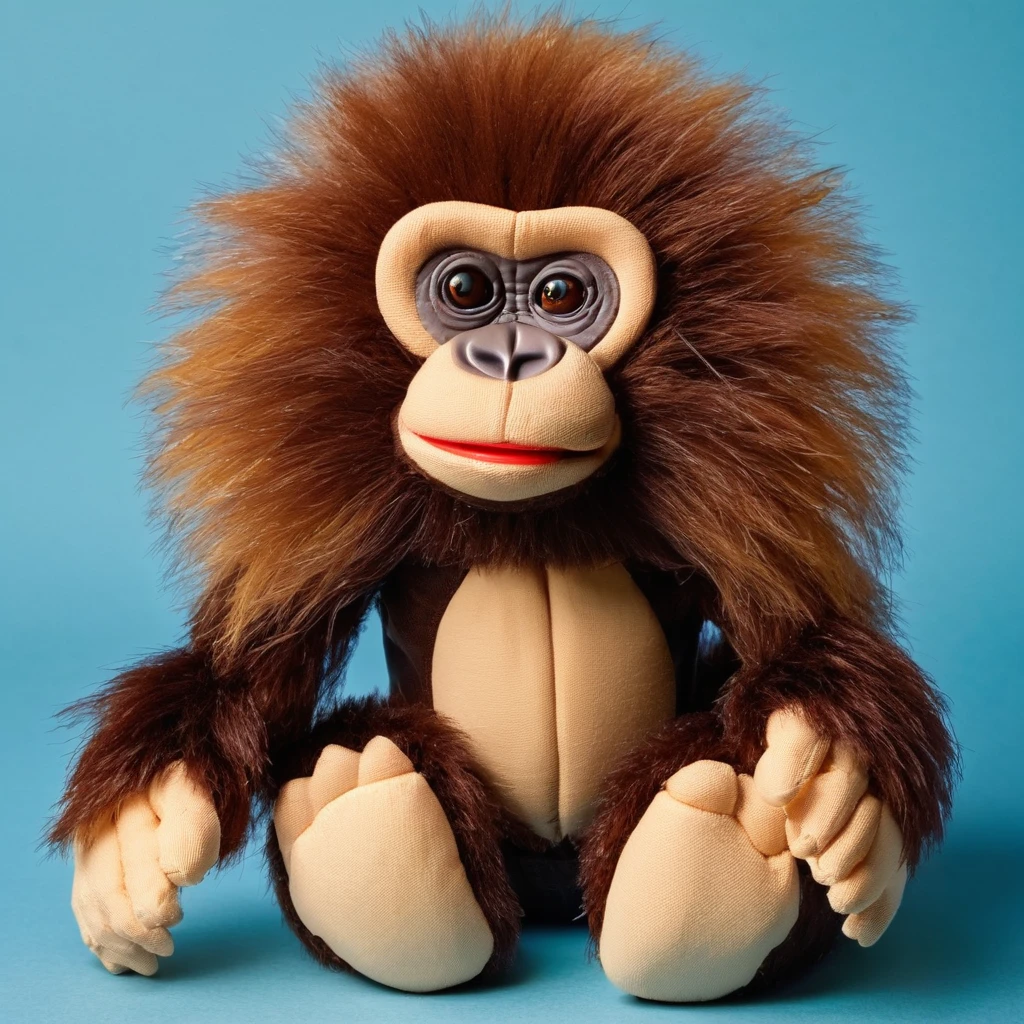 toy gorilla , in beautiful clothes, on a plain blue background,