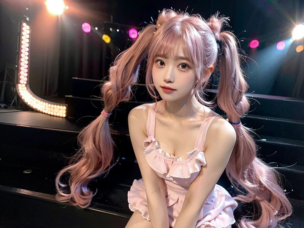 Shot with a top-of-the-line camera. highest quality, ultra-detailed, intricately detailed, high resolution, 8k, One woman. (very large breasts:1.3), A youthful look of about 15 years old. Slim and well-proportioned, (pink hair in twintails:1.3), fair skin. She is wearing a pink frilled mini-skirt dress. She is singing on the stage of a live venue, illuminated by the many lights of the live show.