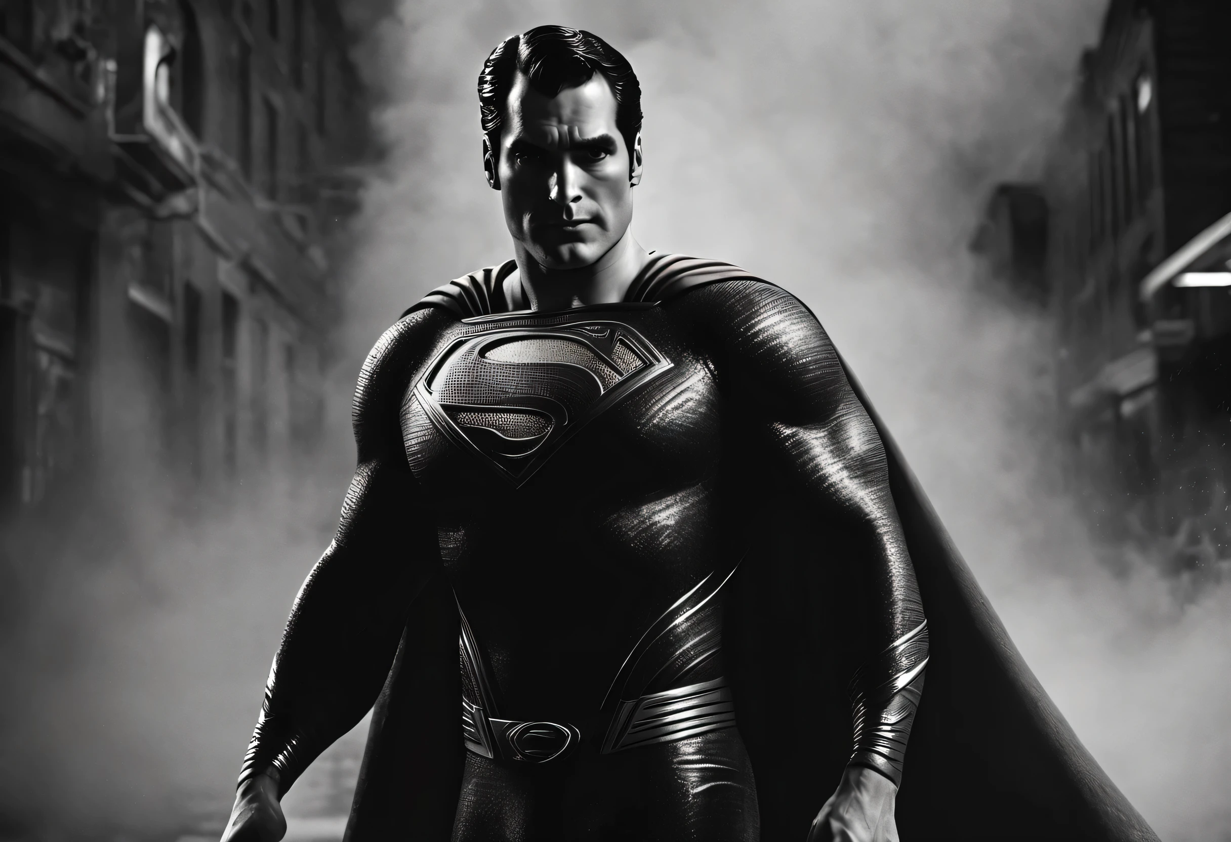ultra detailed, high resolution, ultra realistic, masterpiece, beautiful, gritty portrait of superman, noir-monochromatic theme, muted colors, 8k definition, digital render, set against a textured background, coming out of smoke, 3/4 shot,