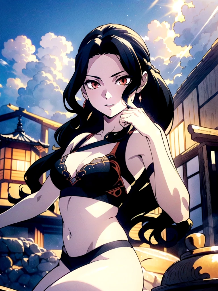 Ultra-realistic 8k CG,masterpiece,((ultra-detailed background, delicate pattern, intricate details)),best quality,very detailed face,extremely detailed eyes and face,(extremely detailed eyes:1.2),(masterpiece:1.2, best quality),MuzanFemale,1girl,red eyes,(black sports bra)shorts,black hair,solo,red lips,makeup,hair ornament,earrings,jewelry,solo,long hair,closed mounth,cinematic lighting,demonic ritual,demonic,red particles,detailed background,complex structures,hyperdetailed sharp face,dynamic pose,Sunny day,Sun,Light,Tindal effect,Ancient towns in Japan,Charming posture,Cloud,(fantasy illustration:1.3),enchanting gaze,captivating pose,otherworldly charm,mystical sky,soft colors,(detailed cloudscape:1.3),(high-resolution:1.2),ulzzang-6500,