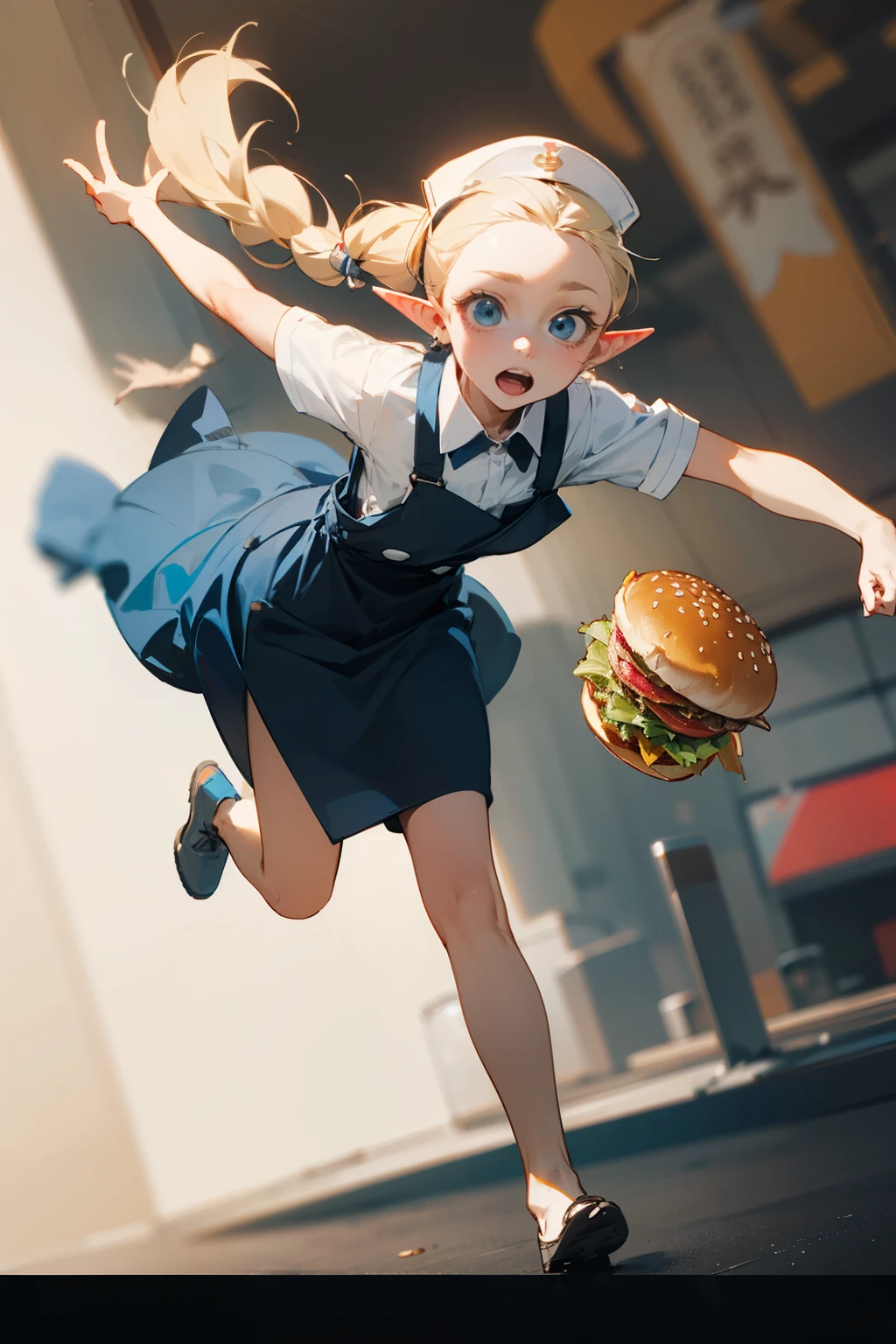 (masterpiece, best quality, super detailed, beautiful details eyes, Clean and delicate face), 1 female fast food worker, Single Braided blonde pony tail, parted bangs, forehead, blue eyes, pointed ears, wearing hamburger shop uniform and cap, in hamburger shop. ((She trips and almost falls. She and tray, hamburger and drink are flying in the air.)) panicked expression, Dynamic Motion Blur, low-angle view