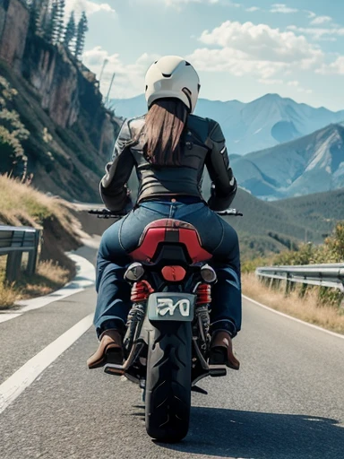 road, mountain, (kawasaki motorcycle:1.1), (riding motorcycle:1.1), (jeans), (red tube top), (gloves), on the mountain, on the road, (full body shot:1.1), from behind, ground-level shot