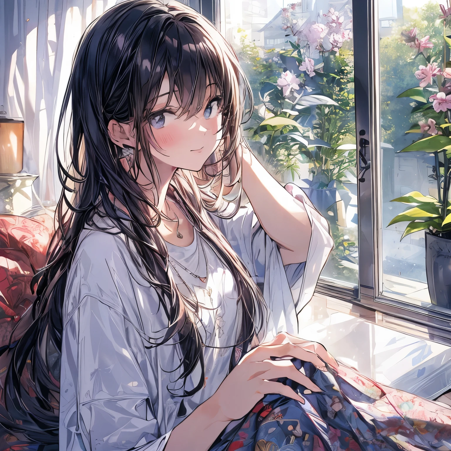 (High resolution, clear_image) Best Quality, woman, masterpiece, Very detailed, Semi-realistic, 21 years old, beautiful, young, good looking, T-Shirts, Pulling on the lilac shirt, Wrap around your neck, interior, Modern Room, window, Wake up, morning, blush, smile