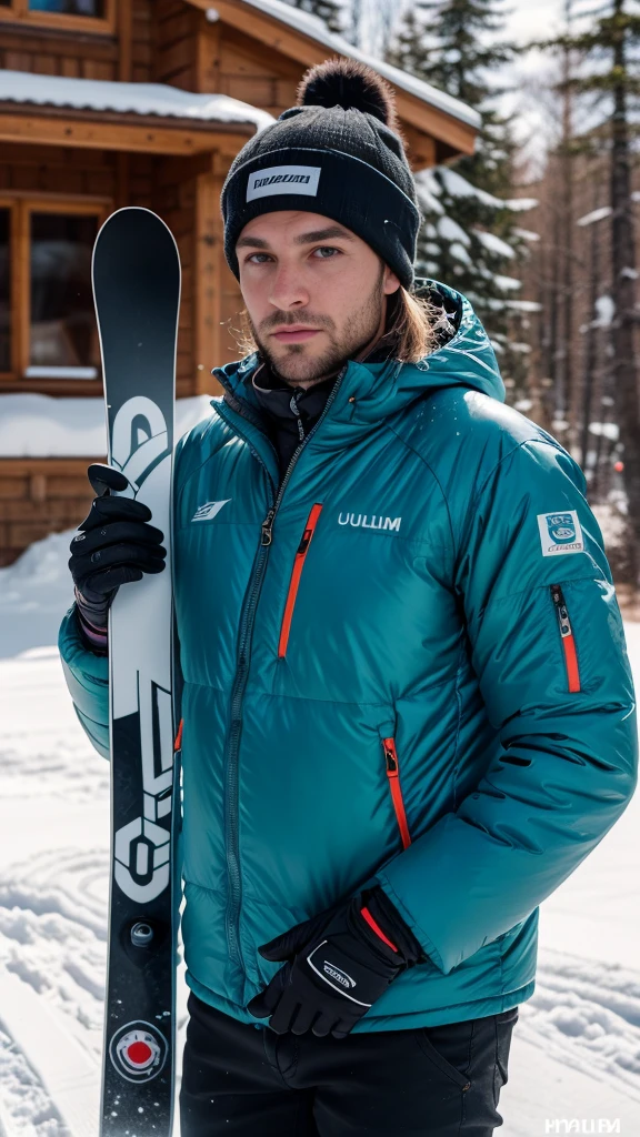 1 european man on a snowy ski piste, hyperrealism, highly detailed background, 8k uhd, dslr, soft lighting, high quality, film grain, Fujifilm XT3, HD, Sharp, OverallDetail, 3d, oc rendering, unreal engine, detailed face, detailed skin, wide shoulders, detailed eyes, realistic snowboard uniform. 