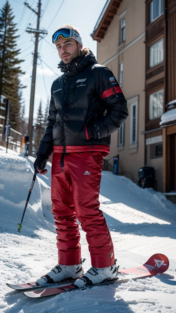 1 european man on a snowy ski piste, hyperrealism, highly detailed background, 8k uhd, dslr, soft lighting, high quality, film grain, Fujifilm XT3, HD, Sharp, OverallDetail, 3d, oc rendering, unreal engine, detailed face, detailed skin, wide shoulders, detailed eyes, realistic snowboard uniform.