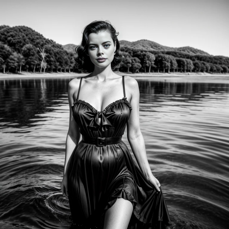 black and white photo. Gillian Jacobs, standing in the water, long dress, pin-up, vintage dress, 22 years old, perfect body, 40's, perspective, half body detail, sharp focus, light mix, detail, 50's, (high skin detail: 1,2), 8k hd, DSLR, Luz outfit, high quality, Fujifilm XT3 Grainy Films.
