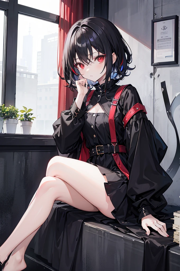 (masterpiece, highest quality, highest quality, (No text), Beautiful and aesthetic:1.2),No text,アニメ、BREAK,One Girl,Black Hair Girl short hair older sister choker Tree Eyes Beautiful eyes Red eyes cool smile Red and Black Black jacket mini skirt whole body In town