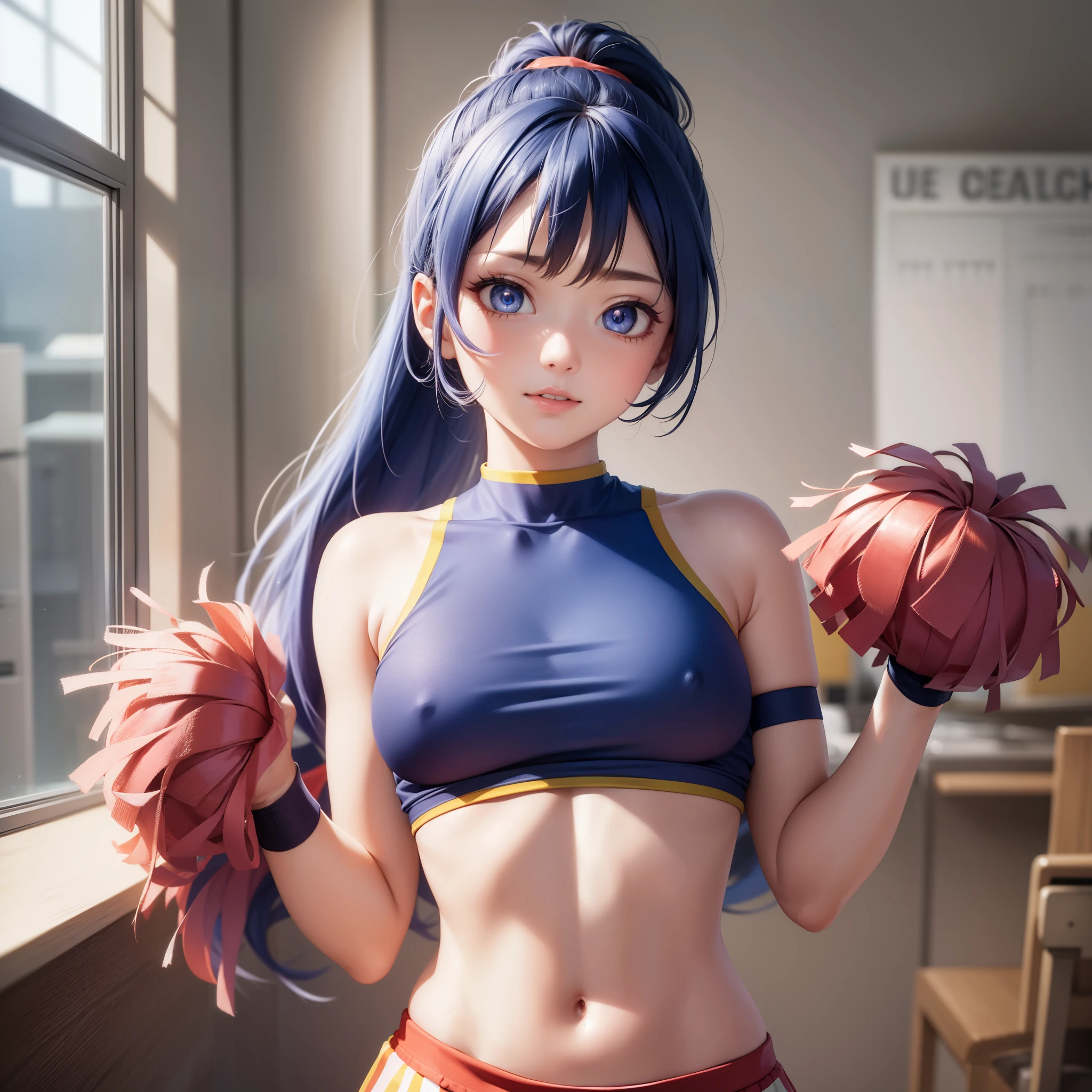 Highres, Masterpiece, Best quality at best,Best Quality,hight quality, hight detailed, 1girl, girl,  nejire hadou, blue eyes, blue hair, long hair,
BREAK cheerleader, crop top, midriff, sweat, navel, orange skirt, pink footwear,  (view from front), ponytail, skirt, (u.a. cheerleader uniform:1.5),
BREAK looking at viewer, upper body, close-up body, 
BREAK indoors, classroom,
BREAK (masterpiece:1.2), best quality, high resolution, unity 8k wallpaper, (illustration:0.8), (beautiful detailed eyes:1.6), extremely detailed face, perfect lighting, extremely detailed CG, (perfect hands, perfect anatomy),