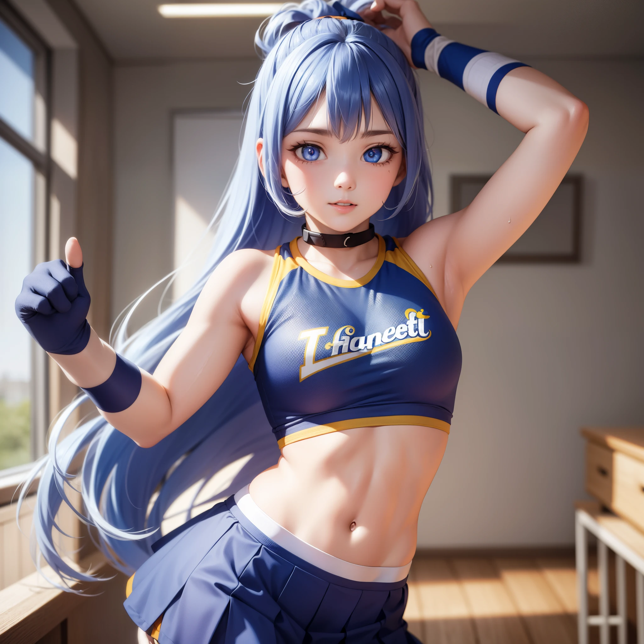 Highres, Masterpiece, Best quality at best,Best Quality,hight quality, hight detailed, 1girl, girl,  nejire hadou, blue eyes, blue hair, long hair,
BREAK cheerleader, crop top, midriff, sweat, navel, orange skirt, pink footwear,  (view from front), ponytail, skirt, (u.a. cheerleader uniform:1.5),
BREAK looking at viewer, upper body, close-up body, 
BREAK indoors, classroom,
BREAK (masterpiece:1.2), best quality, high resolution, unity 8k wallpaper, (illustration:0.8), (beautiful detailed eyes:1.6), extremely detailed face, perfect lighting, extremely detailed CG, (perfect hands, perfect anatomy),