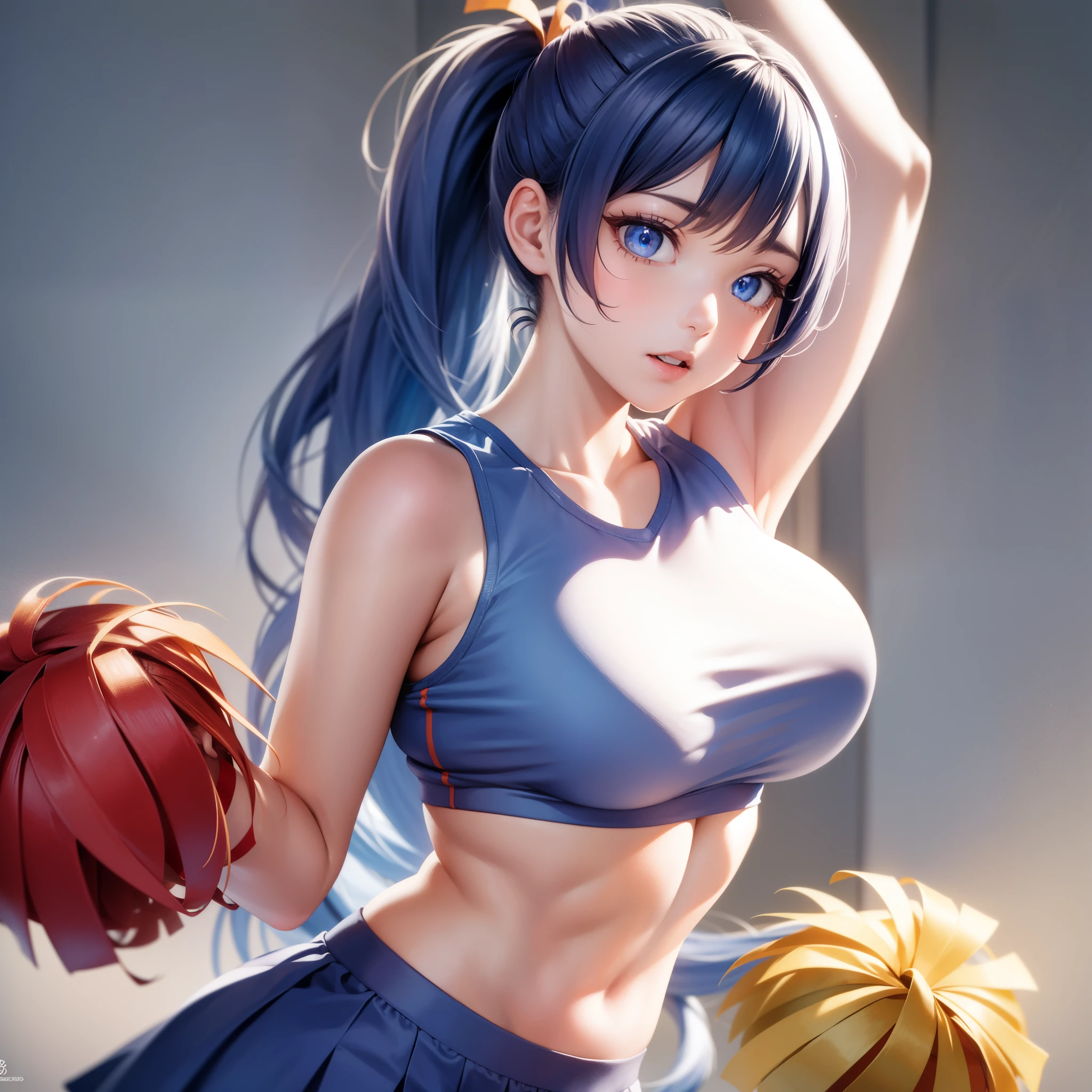 Highres, Masterpiece, Best quality at best,Best Quality,hight quality, hight detailed, 1girl, girl, nejire hadou, blue eyes, blue hair, long hair,
BREAK cheerleader, crop top, midriff, sweat, navel, orange skirt, pink footwear, (view from front), ponytail, skirt, (u.a. cheerleader uniform:1.5),
BREAK looking at viewer, upper body, close-up body,
BREAK indoors, classroom,
BREAK (masterpiece:1.2), best quality, high resolution, unity 8k wallpaper, (illustration:0.8), (beautiful detailed eyes:1.6), extremely detailed face, perfect lighting, extremely detailed CG, (perfect hands, perfect anatomy),