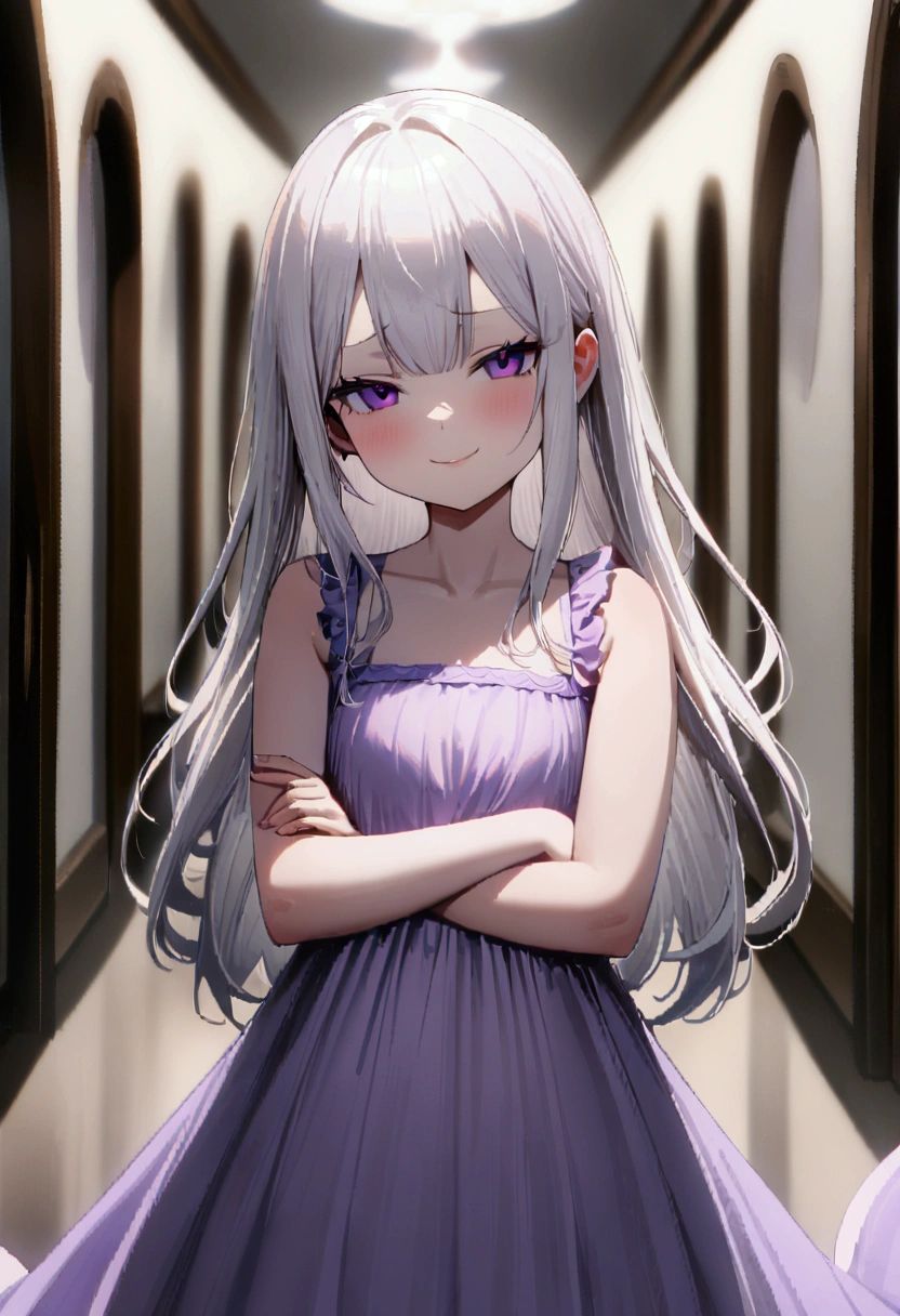 1 girl, ((Girl is short, cute, beautiful and attractive)), ((Girl purple eyes)) ((Girl has very long white hair))((Girl hair is floaty and thick))((White hair)), ((Girl is wearing a cute light purple dress)), ((Hallway))((Blurry Background)), ((Girl is smirking)), ((Girl is crossing arms)), 8k, masterpiece, dim lighting