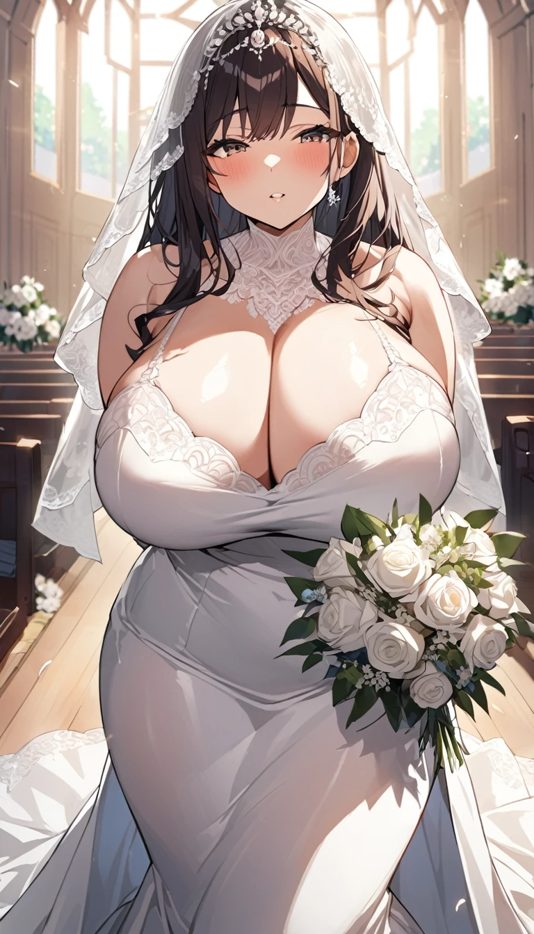 Girl with huge sagging breasts with a lace neckline and a wedding dress with lace veil and bouquet waiting at the altar