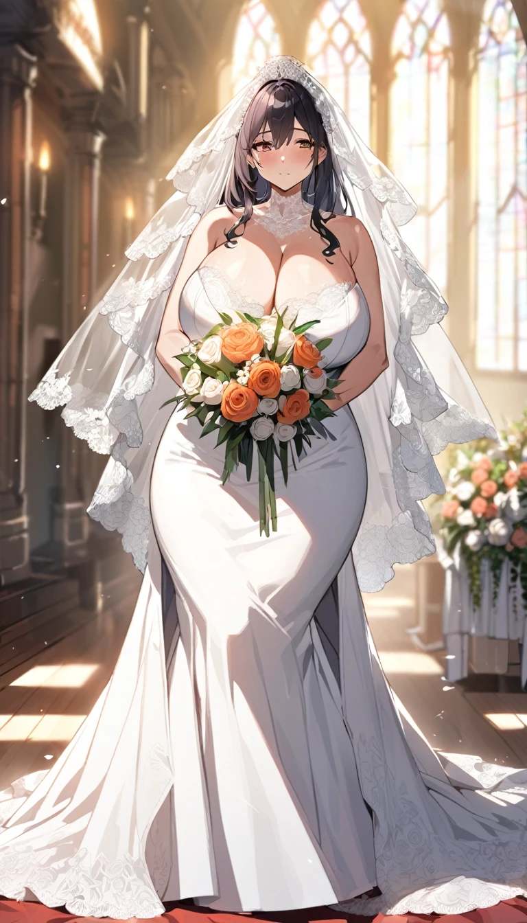 Girl with huge sagging breasts with a lace neckline and a wedding dress with lace veil and bouquet waiting at the altar