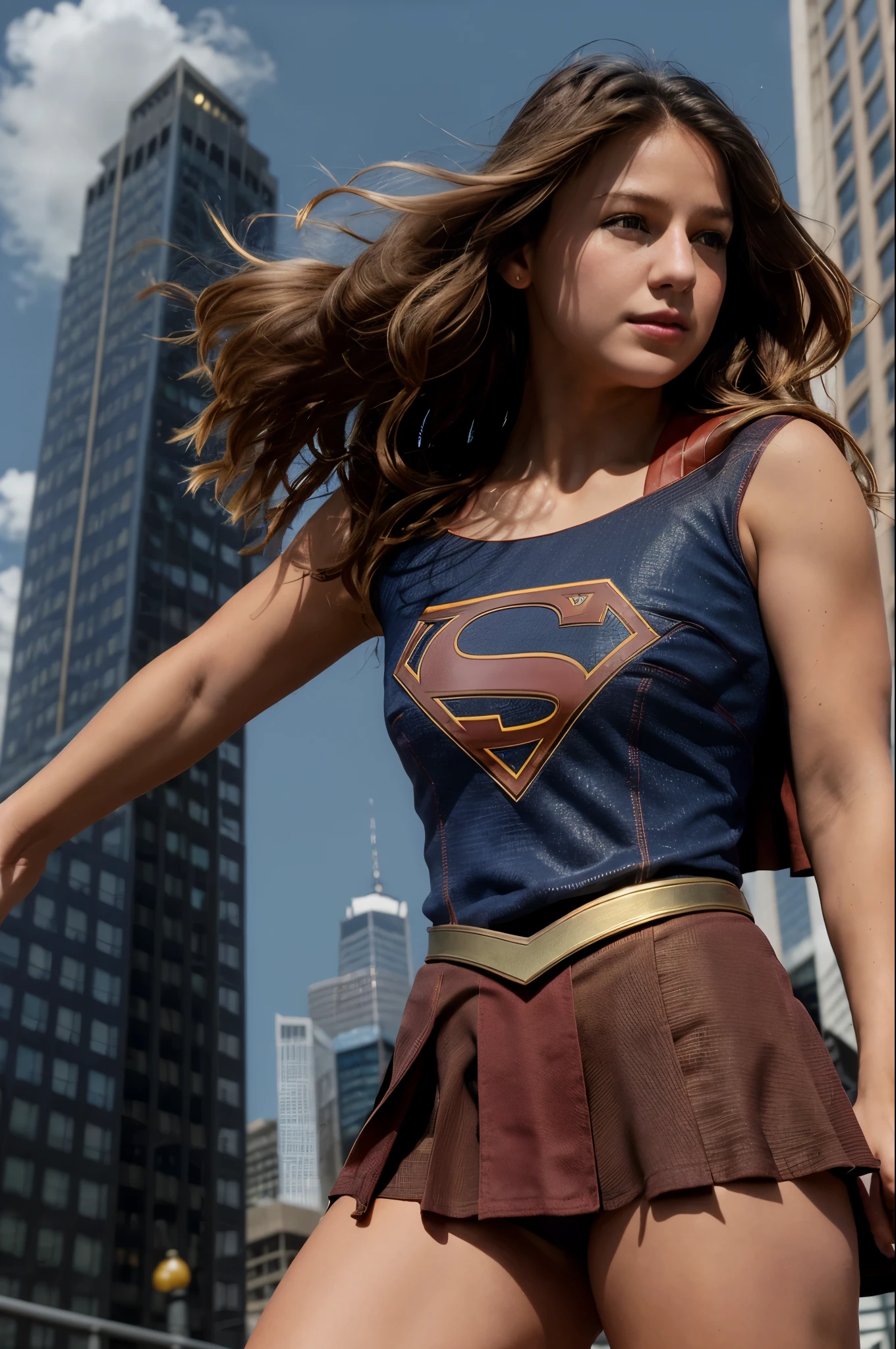 real, atmospheric scene, masterpiece, best quality, (detailed face, detail skin texture, ultra-detailed body),(cinematic light),
1girl, s0p3r6m3l1s4-smf, superhero, solo, cape, brown hair, realistic,micro bikini, animification, skirt, flying, blonde hair, buildings, sky, clouds, sun light