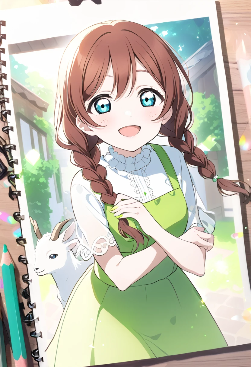 ((style:Colored pencil))Emma Verde, lovelive, Reddish brown hair, Twin braids hair, blue eyes, freckles, Yellow-green dress, adult, flare lens, Single, smile, Open your mouth, 1woman, whole body , Goat on background, Petting, house wife
emma verde,