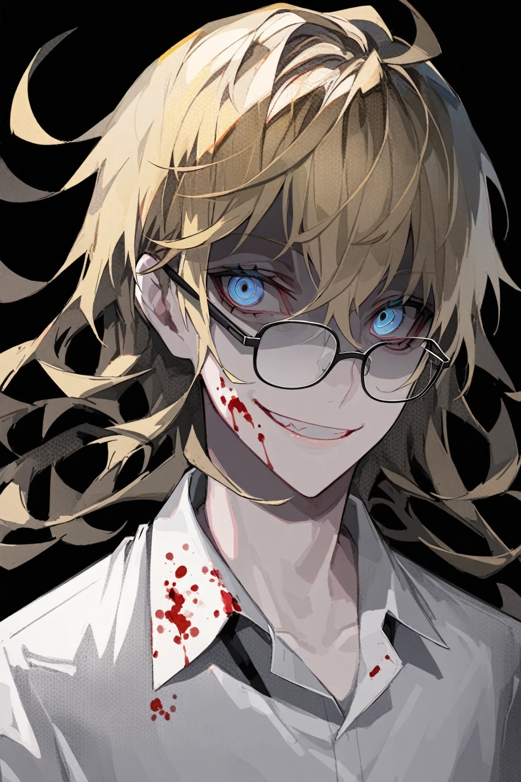 1 guy, blue eyes, blond hair, wears glasses, shoulder-length disheveled hair, male build, looks at the viewer, sly grin, creepy, dressed in a white shirt, black pants, black background, blood on clothes, blood on cheek, shaded face, detailed, beautiful, delicate tones