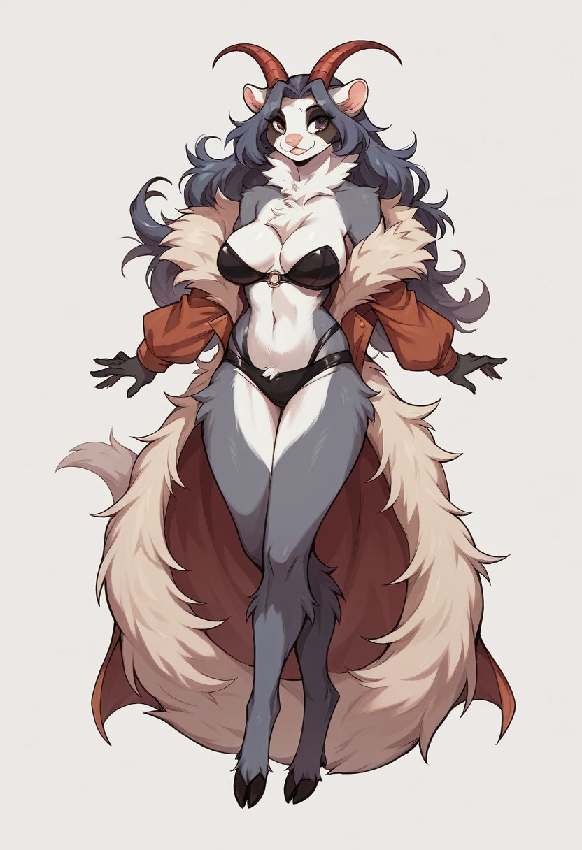 ferret, Fur covered her chest, fluffy chest, very very beautiful furry art, weiblicher anthropomorphers ferret, Breasts covered and sfw. full body, white background. plays bagpipes. head of a robin, bird head, horns of a goat and the legs of a deer
