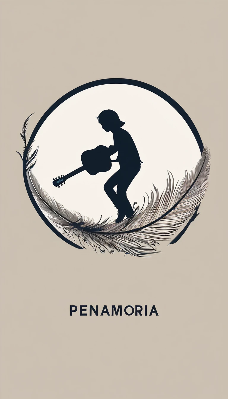 A minimal, modern, simple, cinematic, minimalistic logo design for the brand “Penamemoria". The logo design must be a simple, magical feather and a boy running and holding an acoustic guitar. The logo must convey a sense of music, stories and dreams. Logo design impressed on a book cover. Minimalistic logo