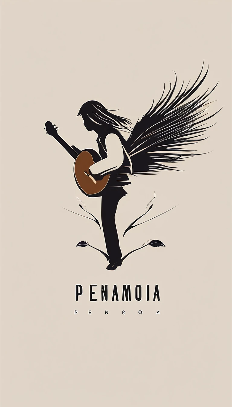 A minimal, modern, simple, cinematic, minimalistic logo design for the brand “Penamemoria". The logo design must be a simple, magical feather and a boy running and holding an acoustic guitar. The logo must convey a sense of music, stories and dreams. Logo design impressed on a book cover. Minimalistic logo