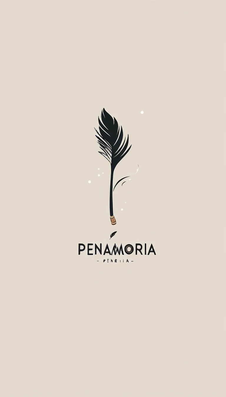A minimal, modern, simple, cinematic, minimalistic logo design for the brand “Penamemoria". The logo design must be a simple, magical feather and a boy running and holding an acoustic guitar. The logo must convey a sense of music, stories and dreams. Logo design impressed on a book cover. Minimalistic logo