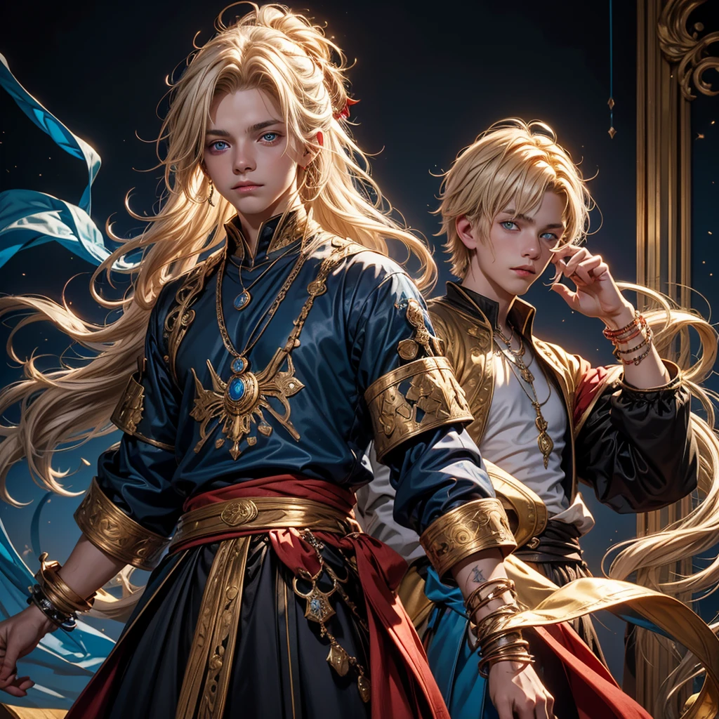 Create me a 17 year old male teenager,  messy blonde hair with some white strands , golden eyes, a necklace with a blue stone and some details,  a black medieval outfit and some bracelet of many colors , a red cloth wrapped around the waist and a serene and friendly face that gives off an aura of someone good.