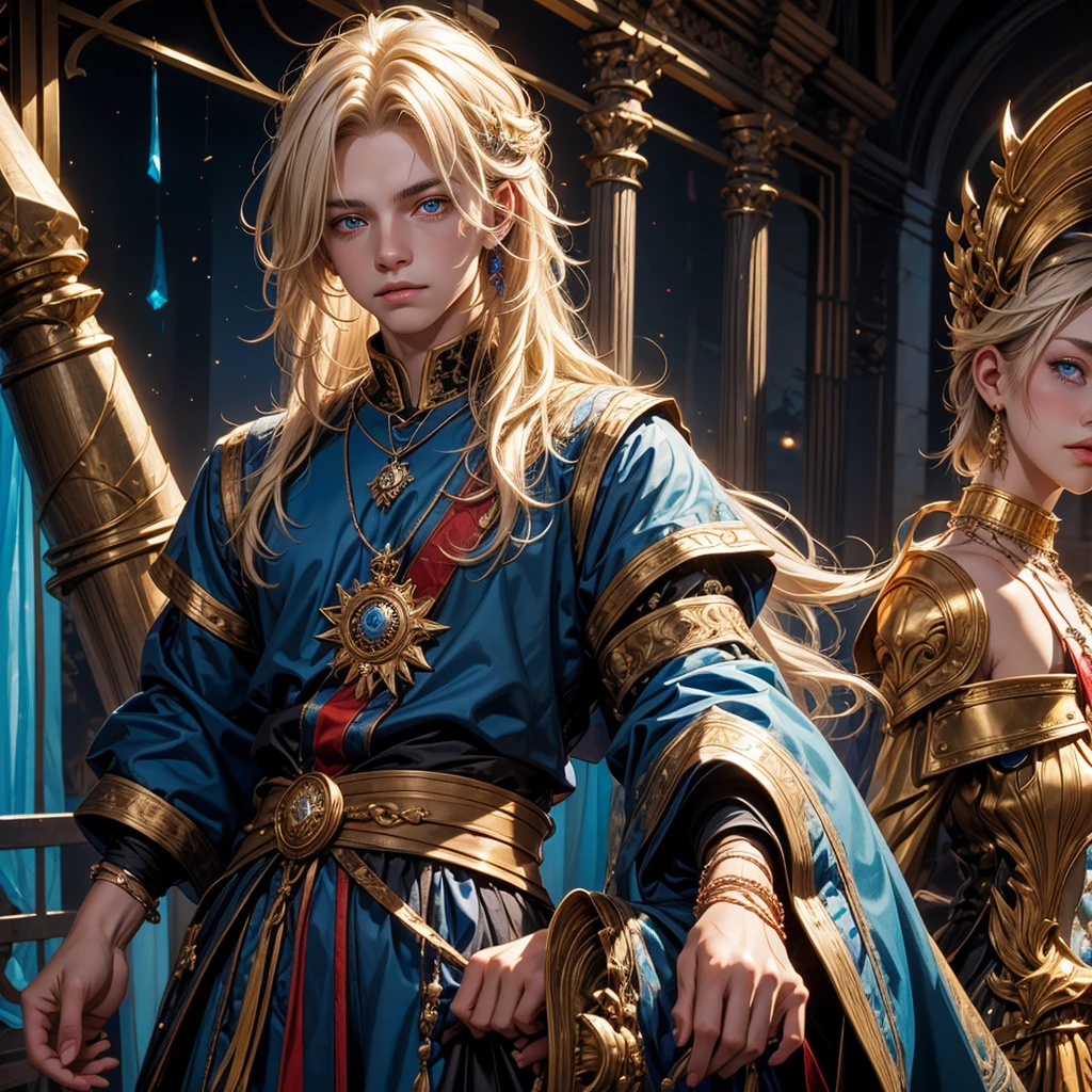 Create me a 17 year old male ager, messy blonde hair with some white strands , golden eyes, a necklace with a blue stone and some details, a black medieval outfit and some bracelet of many colors , a red cloth wrapped around the waist and a serene and friendly face that gives off an aura of someone good.