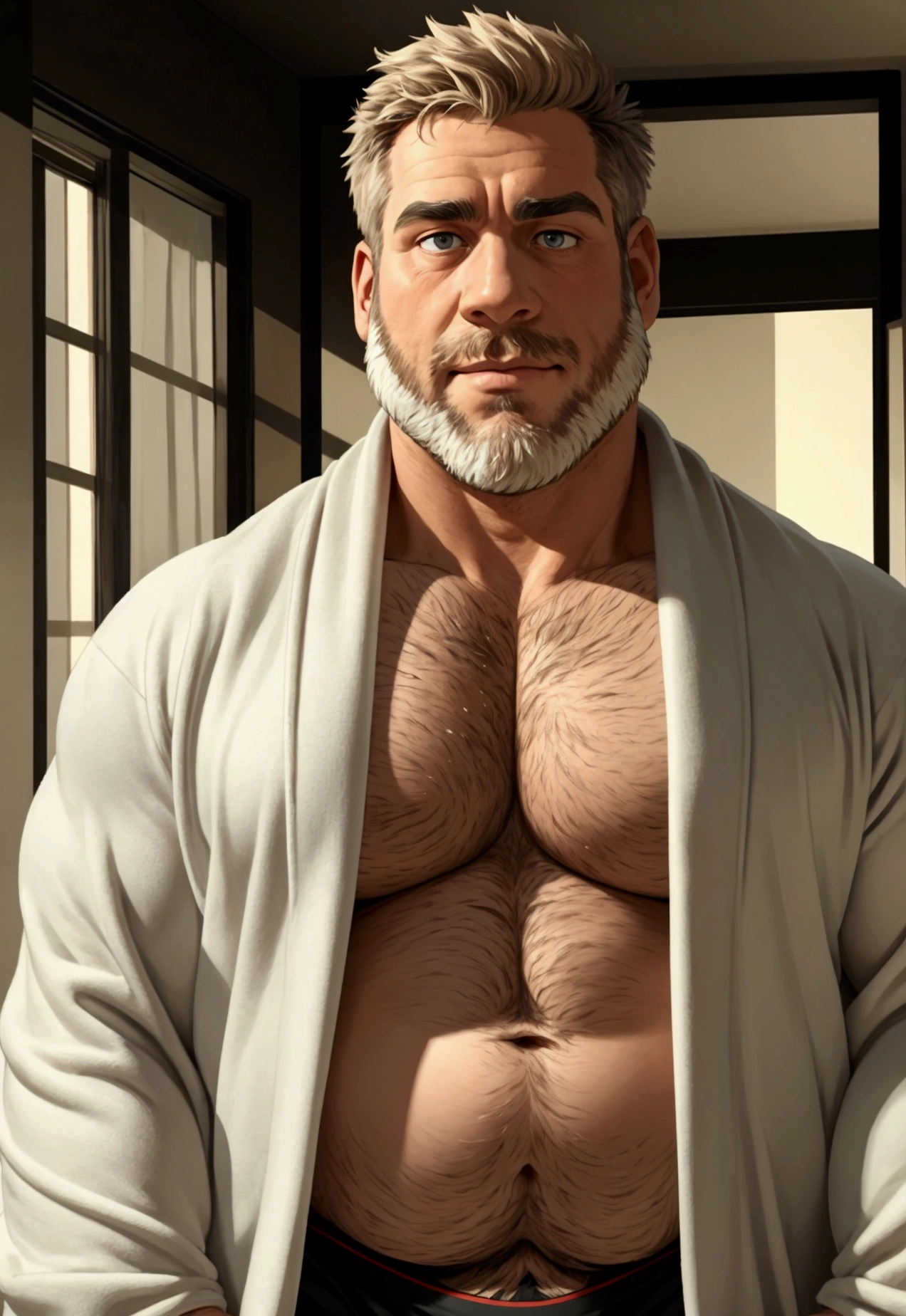 40 years old white Male, tall, giant body, handsome, dad bod, beefy, strong arms and legs, wide shoulders, a bit chubby muscle gut, a bit of fat but still very muscular, extremely hairy, (a lot of body hair), short beard, wearing an untie black bathrobe with long sleeves, wearing a black boxer brief, (unrealistic oversized big bulge), barefoot, smirking, modern minimalist living room