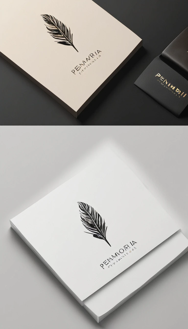 A minimal, modern, simple, cinematic logo design for the brand “Penamemoria". Create a modern, minimalistic, high-quality, logo of a memory feather. The logo must be convey a sense of dreams, stories, memories, music and imagination.