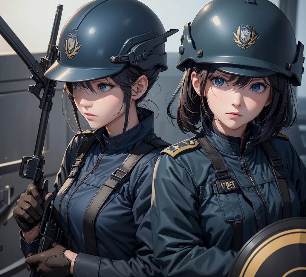 A group of female soldiers wearing DarkBlue military uniforms，Wear a steel helmet、Military Pants、Individual equipment set、Alert with guns、Write details、masterpiece、best quality、Highly detailed CG、8K picture quality