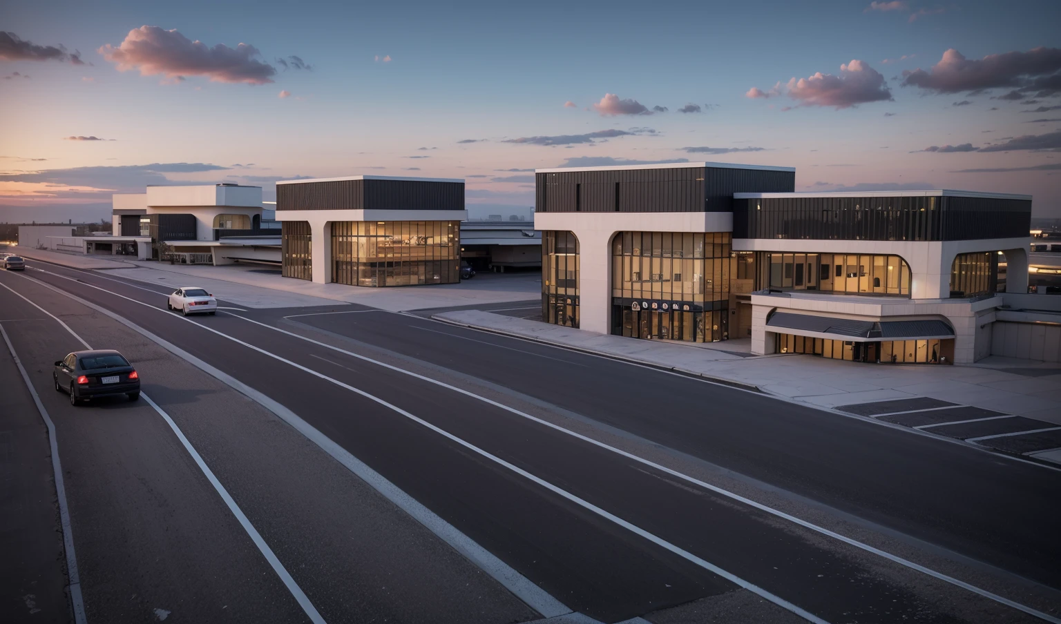 (((masterpiece))),((best quality)),outdoor,Commercial Area,Business Center,Surrounded by greenery,Asphalt road,Passing car,sidewalk,parking space,Award-winning design